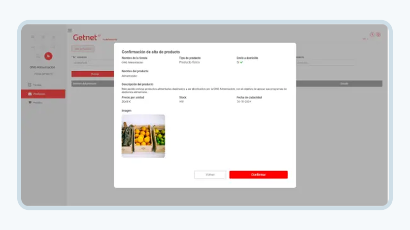 Pantalla con el popup de confirmación de alta de un producto